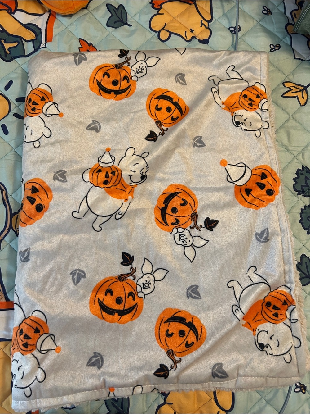 Pumpkin Winnie the Pooh Plush Baby Blanket - Orange, White, Gray